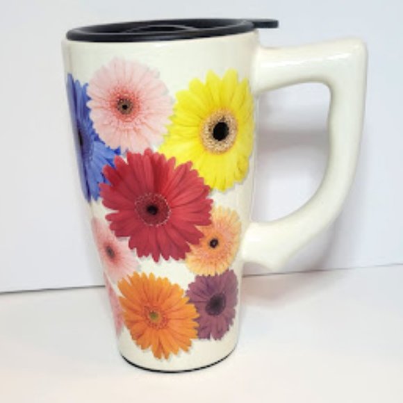 SPOONTIQUES CERAMIC "FLOWERS" TRAVEL MUG WITH LID HOT & COLD BEVERAGES - Picture 1 of 7